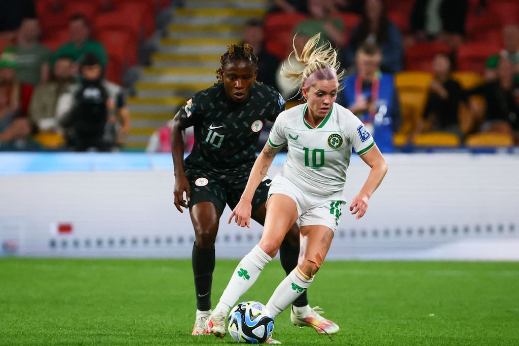 Ireland midfielder Denise O'Sullivan is marked closely by Nigeria's Christy Ucheibe during the World Cup Group B game at Suncorp Stadium. Photograph: Patrick Hamilton/AFP via Getty Images