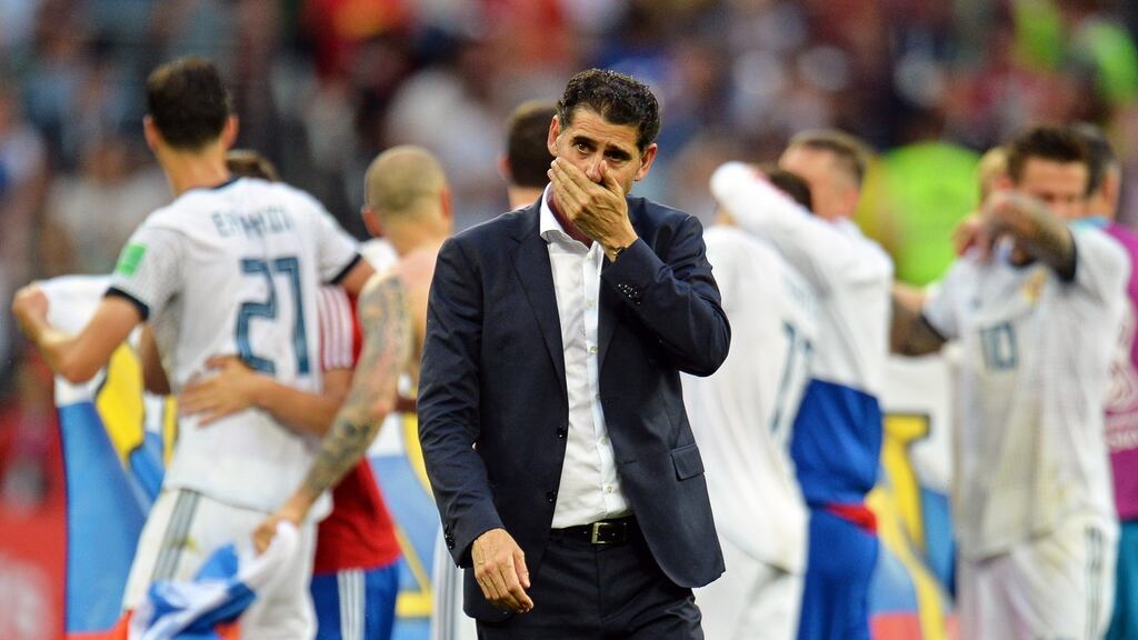 Spain’s head coach Fernando Hierro reacts after the penalty shootout defeat to Russia in the World Cup round of 16 match in Moscow. Photograph: Peter Powell/EPA