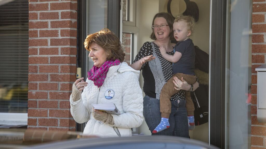 Fine Gael candidate Stephanie Regan canvassing in Raheny, Dublin. Topics included sugar content in children’s food and the Eighth Amendment. Photograph: Dara Mac Dónaill