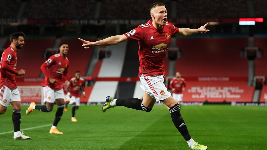 United midfielder Scott McTominay celebrates after scoring his second goal against Leeds at Old Trafford. Photograph: Getty Images