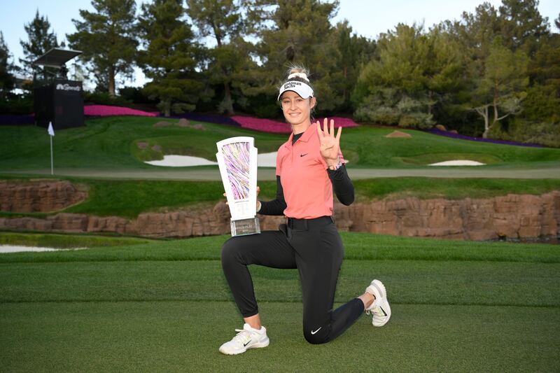Nelly Korda celebrates her fourth successive win on the LPGA Tour after her victory over Leona Maguire in the T-Mobile Match Play final at Shadow Creek GC in Las Vegas, Nevada. Photograph: Orlando Ramirez/Getty Images)