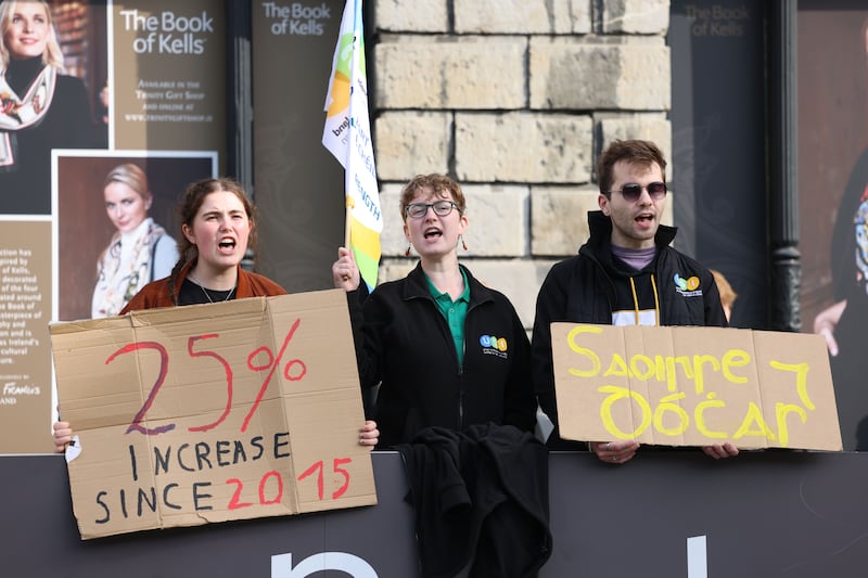 Trinity College Dublin Students Union blockaded the entrance to the Book of Kells exhibition on Wednesday. Photograph: Dara Mac Dónaill