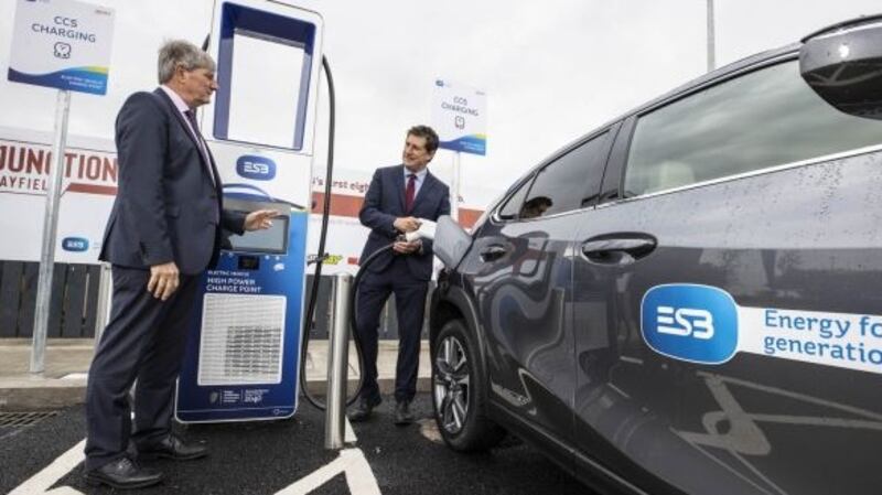 ESB chief executive Pat O’Doherty (left) with Minister for Transport Eamon Ryan at the new charging hub at junction 14 at Mayfield, Co Kildare off the M7. File photograph
