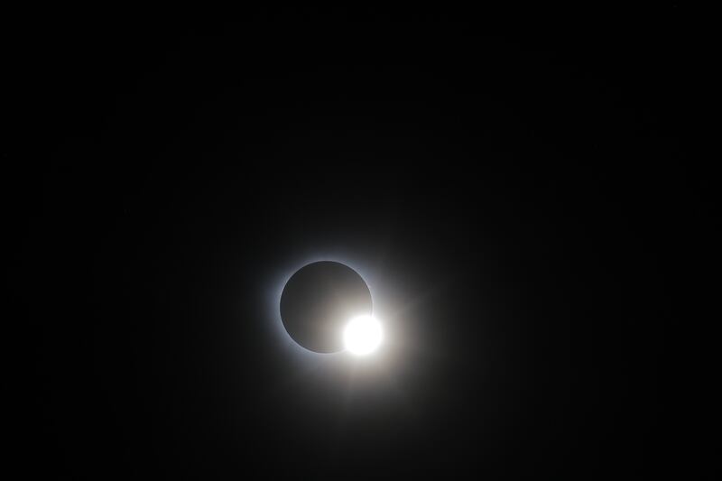 TORREON, MEXICO - APRIL 8: The moon crosses in front of the sun during the Great North American Eclipse on April 8, 2024 in Torreon, Mexico. Millions of people have flocked to areas across North America that are in the path of totality in order to experience a total solar eclipse. During the event, the moon will pass in between the sun and the Earth, appearing to block the sun.(Photo by Getty Images/Getty Images)