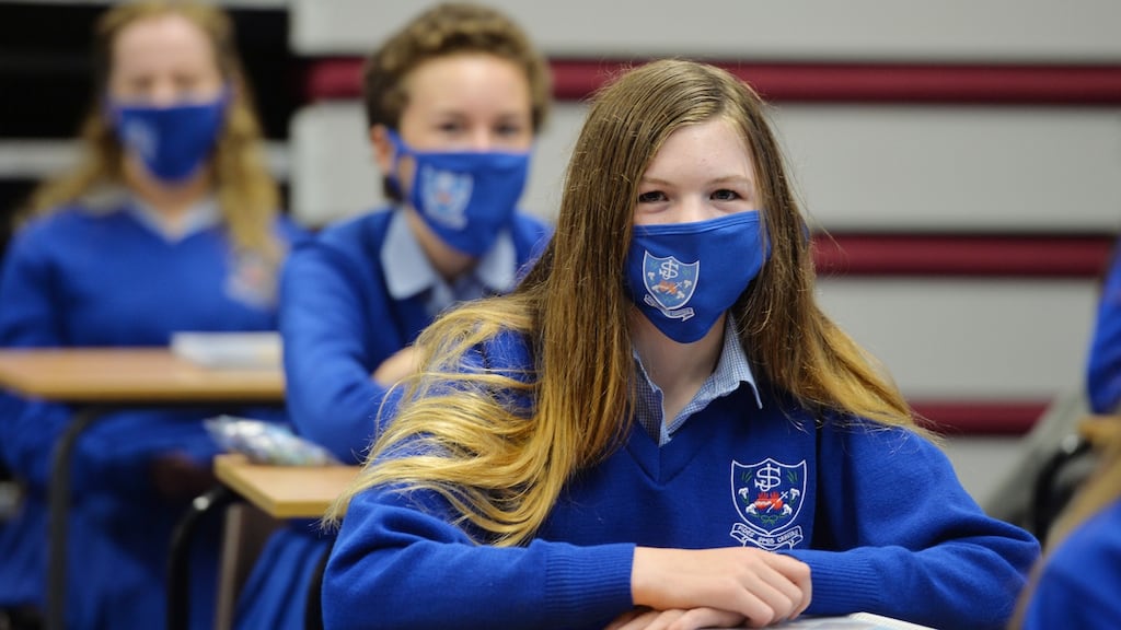 Transition year students wear face masks on their first day back at school at Mount Sackville Secondary School in Chapelizod. Photograph: Alan Betson