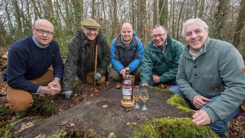Left to right: Kevin O'Gorman, master of maturation; Michael Gabbett, forest owner; Patrick Purser, forestry consultant; Billy Leighton, master blender;
Ger Buckley, master cooper