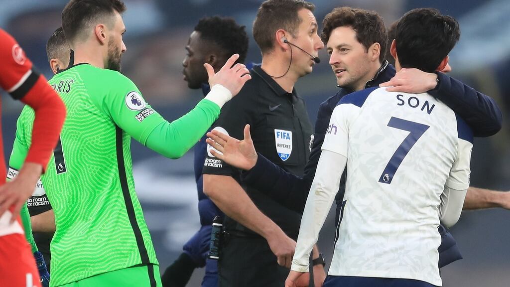 Tottenham’s interim manager Ryan Mason celebrates winning his first game in charge against Southampton. Photograph: EPA
