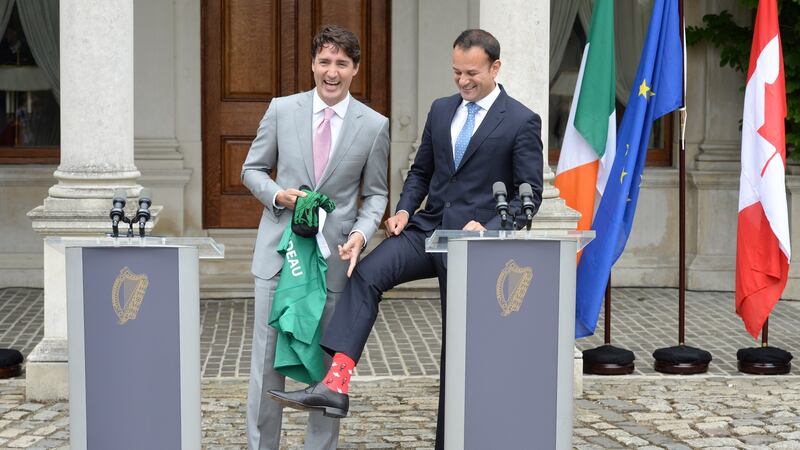 ‘That’s so Leo’ Award: Taoiseach Leo Varadkar clowns for the cameras with Canadian prime minister Justin Trudeau at Farmleigh House. Photograph: Dara Mac Dónaill