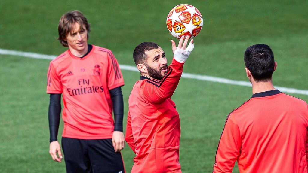Real Madrid players Luka Modric and Karim Benzema during training ahead of their Champions League clash with Ajax. Photograph: Rodrigo Jimenez/EPA
