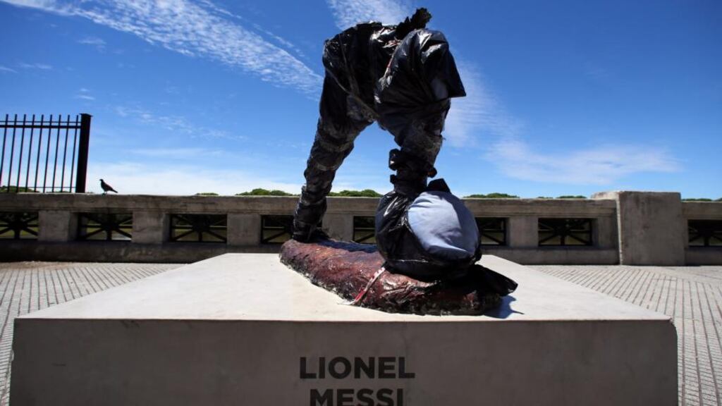 The vandalised statue of Argentina and Barcelona soccer player Lionel Messi in Buenos Aires. Photograph: Marcos Brindicci/Reuters