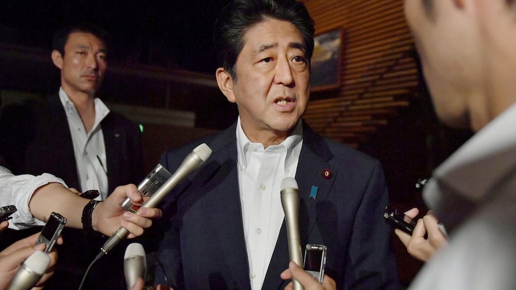 Japanese prime minister Shinzo Abe speaks to reporters about North Korea’s missile launch. Photograph: Kyodo/Reuters