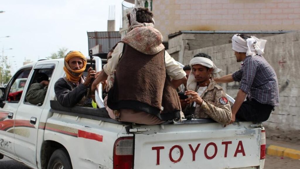 Yemeni armed members of pro-government militias, known as Popular Committees, patrol in southern Yemen on January 22nd, 2015. Photograph: AFP/Getty Images