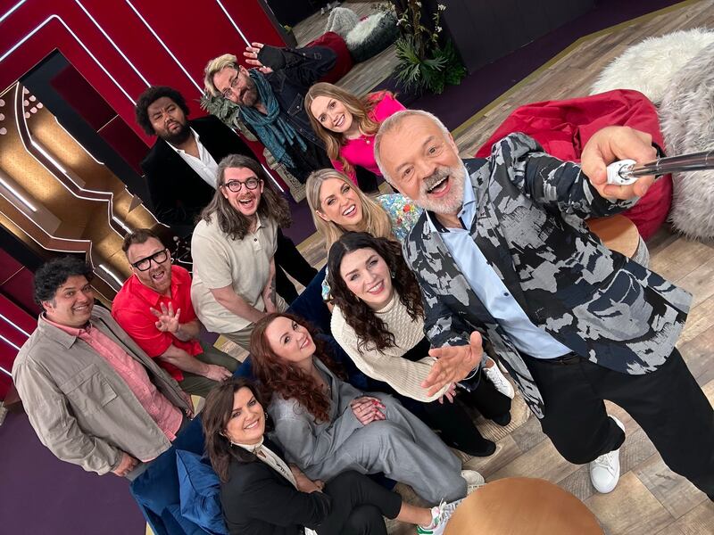 The cast of LOL: Last One Laughing Ireland features (back row) Martin Angolo, David McSavage, (middle row) Paul Tylak, Jason Byrne, Tony Cantwell, Emma Doran, (front row) Deirdre O’Kane, Catherine Bohart, Aisling Bea, Amy Huberman and host Graham Norton. Photograph: Kite Entertainment/Prime Video