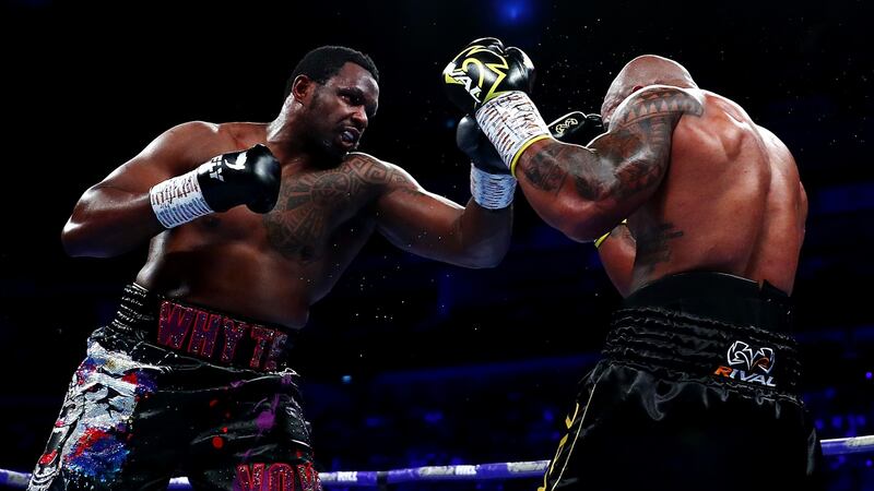 Dillian Whyte punches Oscar Rivas during the WBC interim title and final eliminator at The O2 Arena in July 2019. Photograph: Dan Istitene/Getty Images