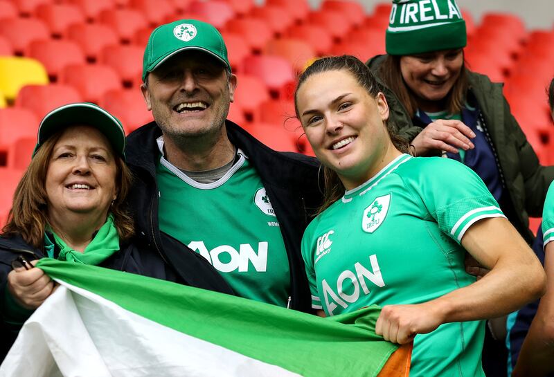 Ireland's Beibhinn Parsons with her family after the France game. 'It’s hard not to think about my roots because my parents are usually in the stands,' she says. Photograph: Ben Brady/Inpho