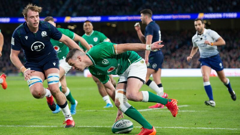 Ireland’s Jonathan Sexton scores a try in the first half. Photo: Tom Honan/The Irish Times.