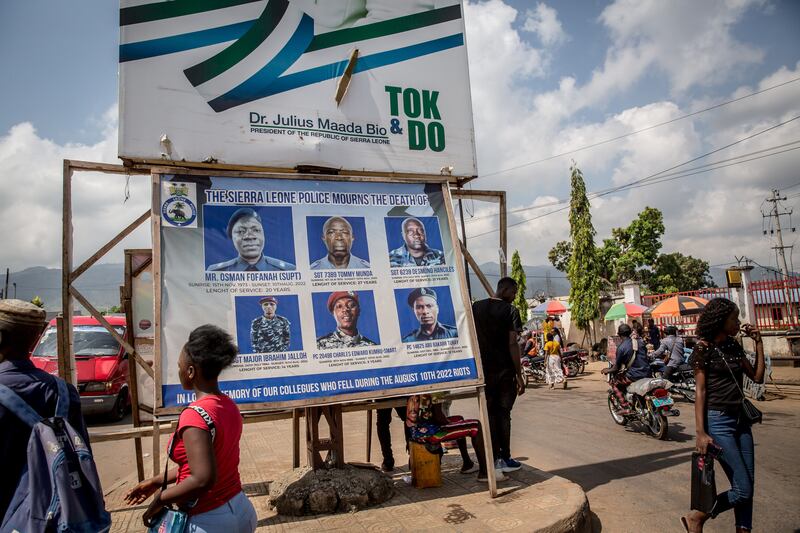 A poster in Freetown pays tribute to the six police officers who were killed during the August 10th protests. The police had opened fire on a crowd of protesters. Photograph: Sally Hayden