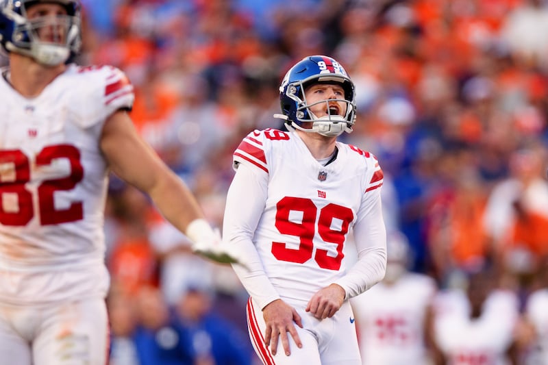 Jude McAtamney of the New York Giant reacts after missing an extra point late in the fourth quarter against the Denver Broncos on October 19th. Photograph: Justin Edmonds/Getty Images