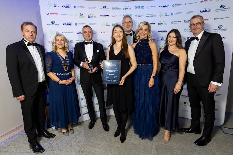 Simon McKeever and Gabrielle White of the Irish Exporters Association with the team from Alexion Pharma International Operations Ltd, winner of the life sciences exporter of the year award, sponsored by Dixon International Logistics, and Colum Aungier, logistics manager at Dixon International Logistics. Photograph: Karl Hussey Photography