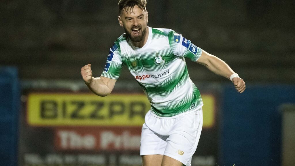 Shamrock Rovers’ Greg Bolger celebrates his late winner against Finn Harps in Co Donegal. Photograph: Evan Logan/Inpho