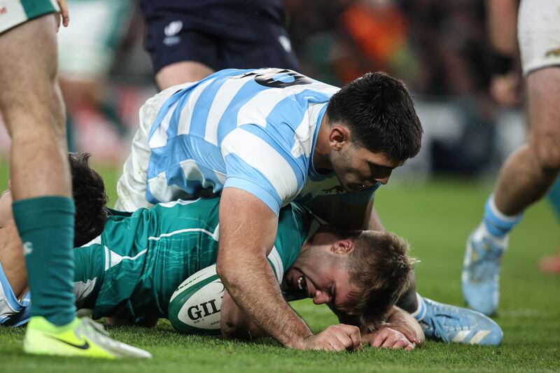Ireland's Jack Crowley touches down for a try for Ireland against Argentina. Photograph: Ben Brady/Inpho