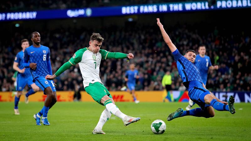 Ireland's Sammie Szmodics shoots on goal during a Nations League clash against Finland at the Aviva Stadium. Photograph: ©INPHO/Ryan Byrne