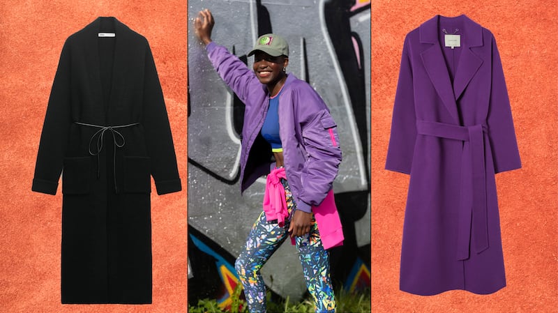 Faux fur coat, €375, Whistles; Purple bomber, €60, crop top, €15, leggings, €30, all Helen Steele, Dunnes Stores; Double face wool coat, €505, Jigsaw.