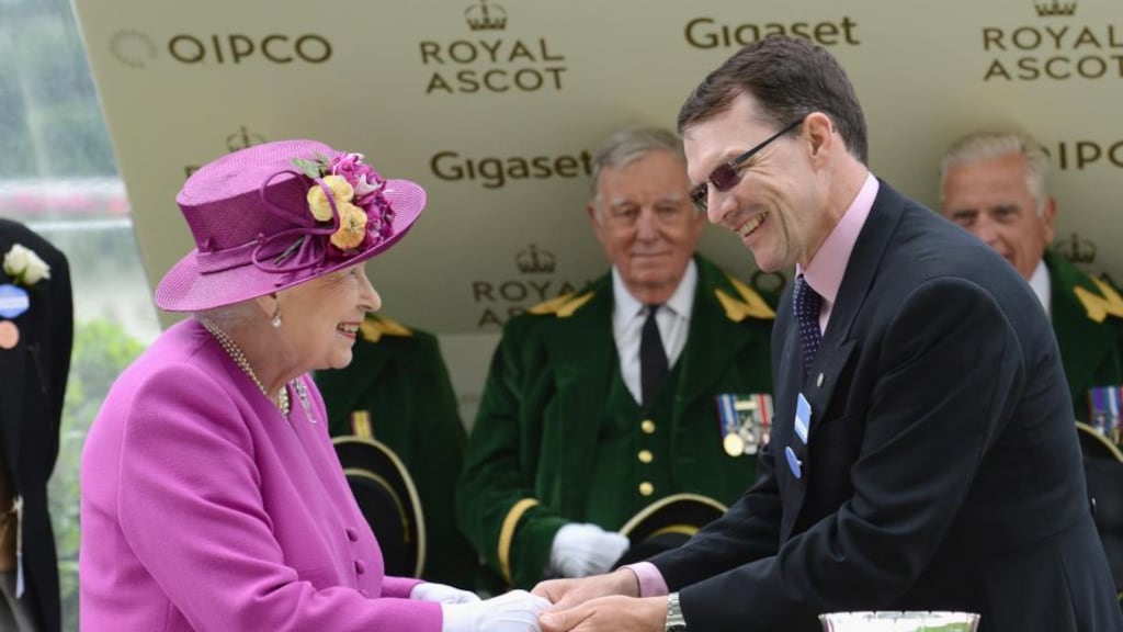 Queen Elizabeth II of England, and Irish trainer Aidan O’Brien on day five of Royal Ascot. Photograph: Getty Images