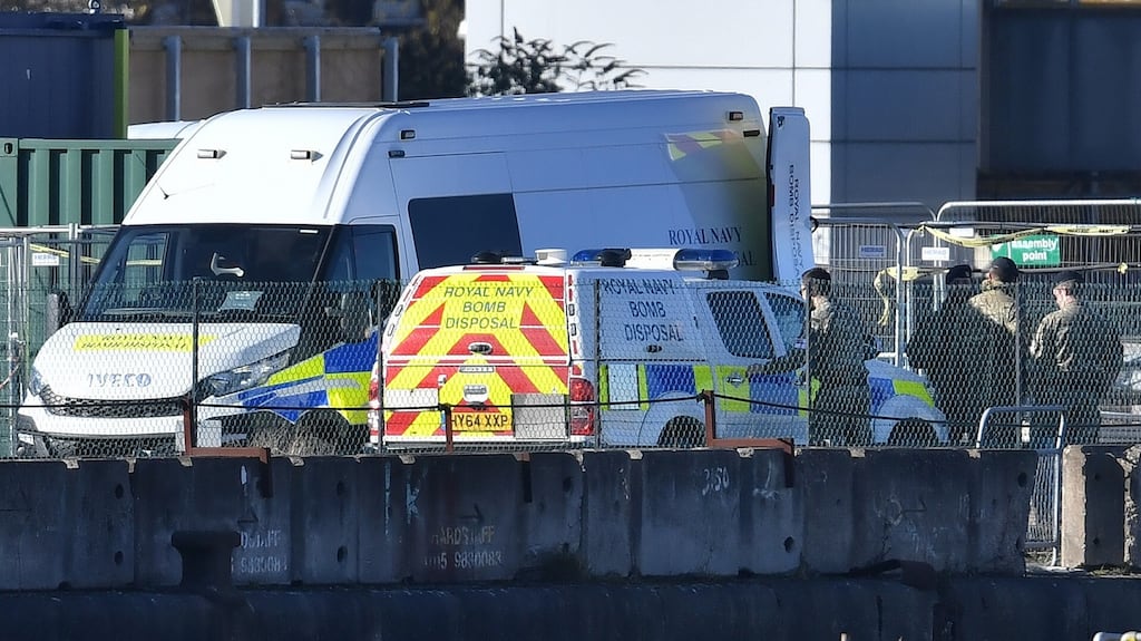 A Royal Navy bomb disposal van at London City Airport which has been closed after the discovery of an unexploded Second World War bomb. Photograph: Dominic Lipinski/PA Wire