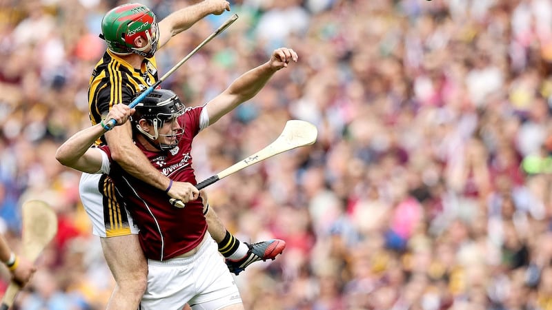 Kilkenny’s Kieran Joyce and Joseph Cooney of Galway in action during the 2016 Leinster final at Croke Park. Photograph: Ryan Byrne/Inpho