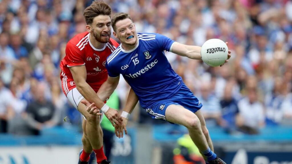 Monaghan’s Conor McManus with Pádraig Hampsey of Tyrone in the All-Ireland SFC semi-final at Croke Park earlier this month. Photograph: Oisin Keniry/Inpho