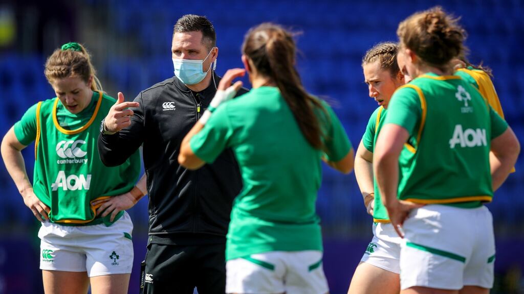 Ireland head coach Adam Griggs with squad members at the Ireland Women v France Women Six Nations game in Energia Park, Donnybrook, Dublin, last Saturday. Photograph: Ryan Byrne/Inpho