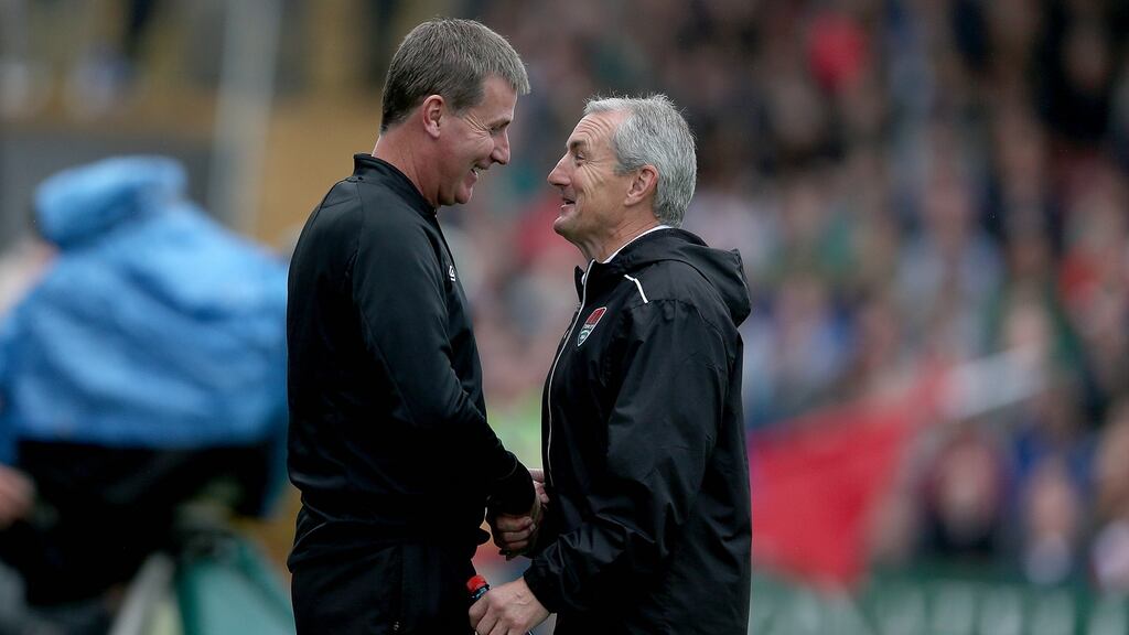 Cork City manager John Caulfield and Dundalk manager Stephen Kenny. Photograph: Donall Farmer/Inpho