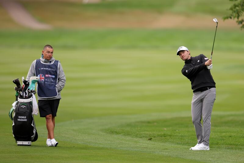 Denmark's Rasmus Hojgaard plays his second shot on the first hole during the Pro-Am prior to the Betfred British Masters at The Belfry. Photograph: Andrew Redington/Getty Images