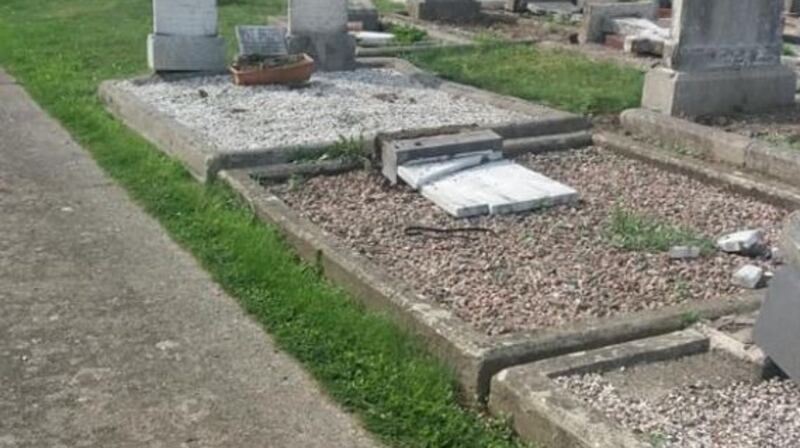 Vandalised headstone at Bluebell Cemetery, Dublin. Photograph: Rachel Mangan/Facebook