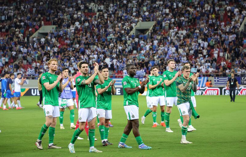 The Ireland team applaud the fans after the game. Photograph: Nikola Krstic/Inpho