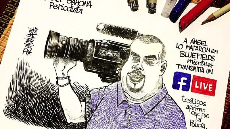 Angel Gahona, journalist, was allegedly killed by a police sniper in Bluefields as he live streamed during an anti-government protest. Drawing: Pedro Molina, April 2018