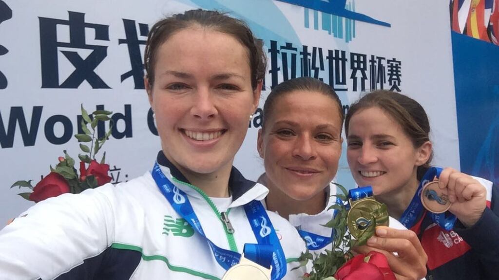 The three medallists at the ICF Marathon World Cup in Shaoxing, China: Jenny Egan (L), Anna Adamova Koziskova of the Czech Republic (gold) and Lizzie Broughton of Britain (R).