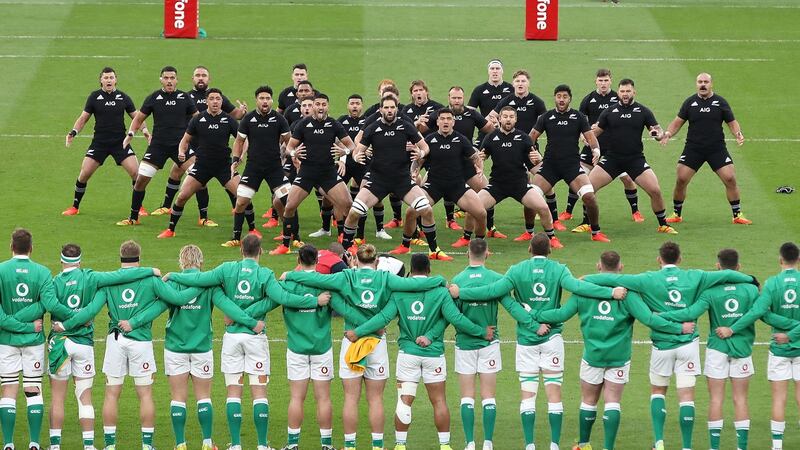 The All Blacks perform the Haka before their clash with Ireland  at the Aviva Stadium in Dublin, on November 13th, 2021. Photograph: Paul Faith/AFP via Getty Images
