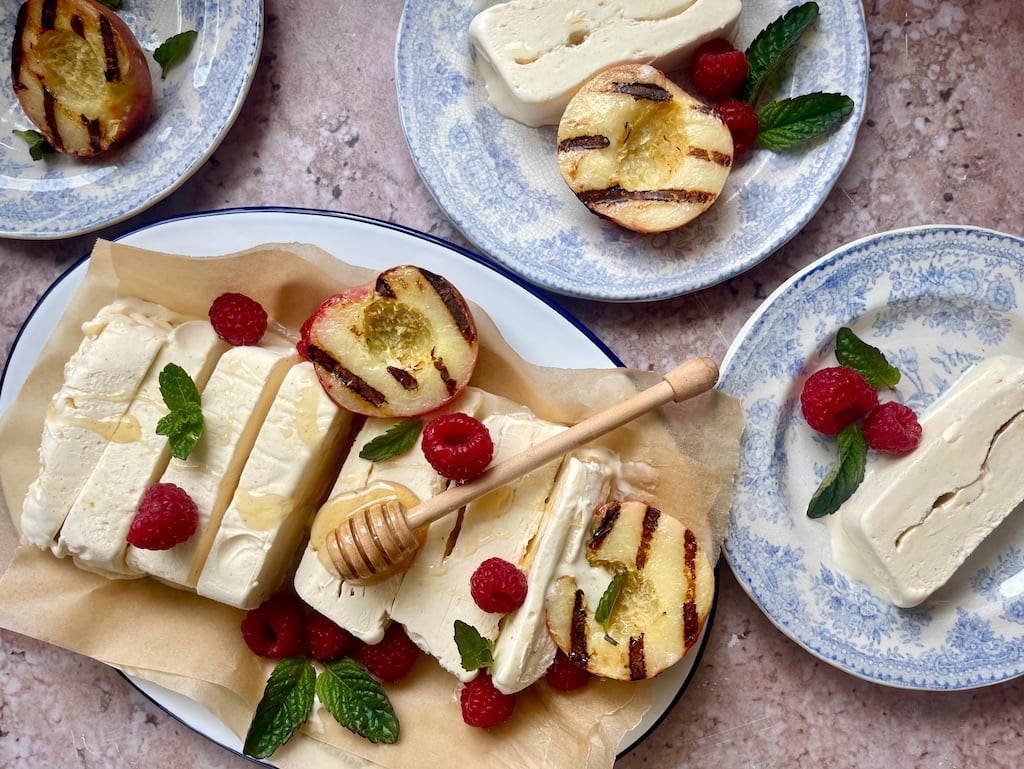 Honey semifreddo with charred stone fruit. Photograph: Lilly Higgins