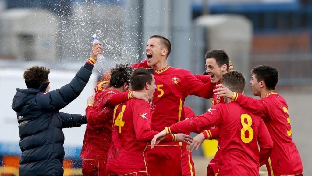 The Montenegro under-21 side celebrate after their 2-1 victory over the Republic of Ireland at Tallaght Stadium. Photograph: Dan Sheridan/Inpho