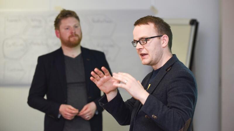 Trevor Vaugh and Martin Ryan of The Irish Times Training, taking the AIB Start-up Academy finalists through their session on design thinking. PHotograph: Conor Mulhern