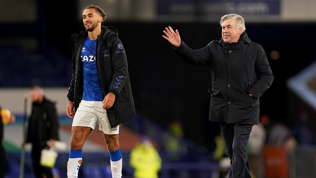 Everton manager Carlo Ancelotti celebrates with Dominic Calvert-Lewin after their win over Arsenal at Goodison Park on December 19, 2020.Photograph: Jon Super – Pool/Getty Images