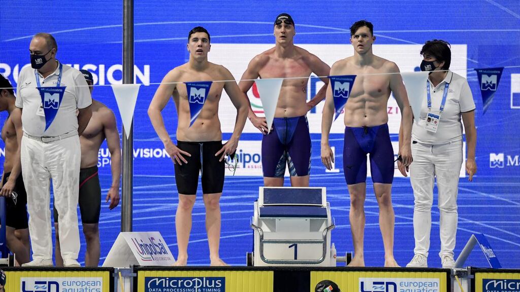 The Ireland 4x100 team of Shane Ryan, Darragh Greene, Brendan Hyland and Jack McMillan in action at the European Aquatics Championships at the Duna Arena in Budapest in May. Photograph: Andrea Staccioli/Inpho