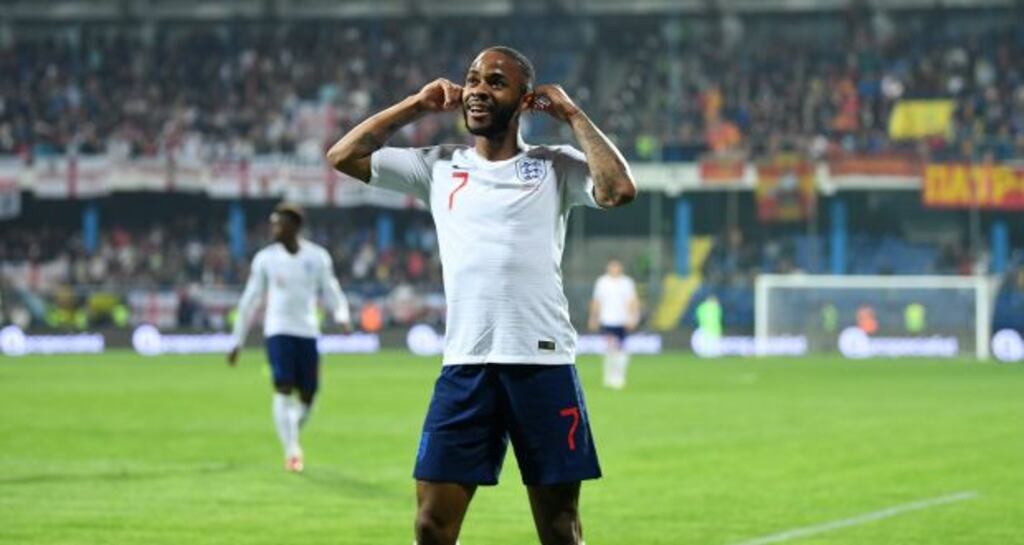 Raheem Sterling celebrates his goal against Montenegro. Photograph: Michael Regan/Getty