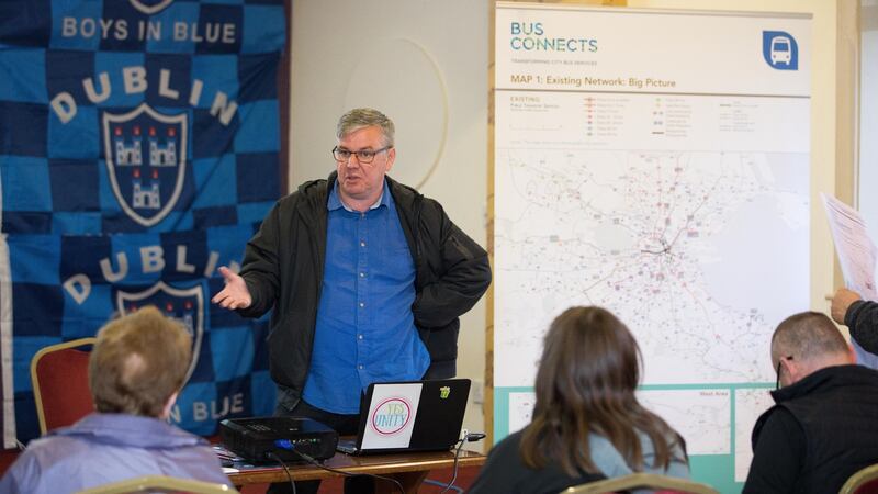Cllr Danny O’Brien from Sinn Féin speaking at a BusConnects meeting at St Mary’s GAA Club in Saggart, Co Dublin on Tuesday. Photograph: Tom Honan/The Irish Times