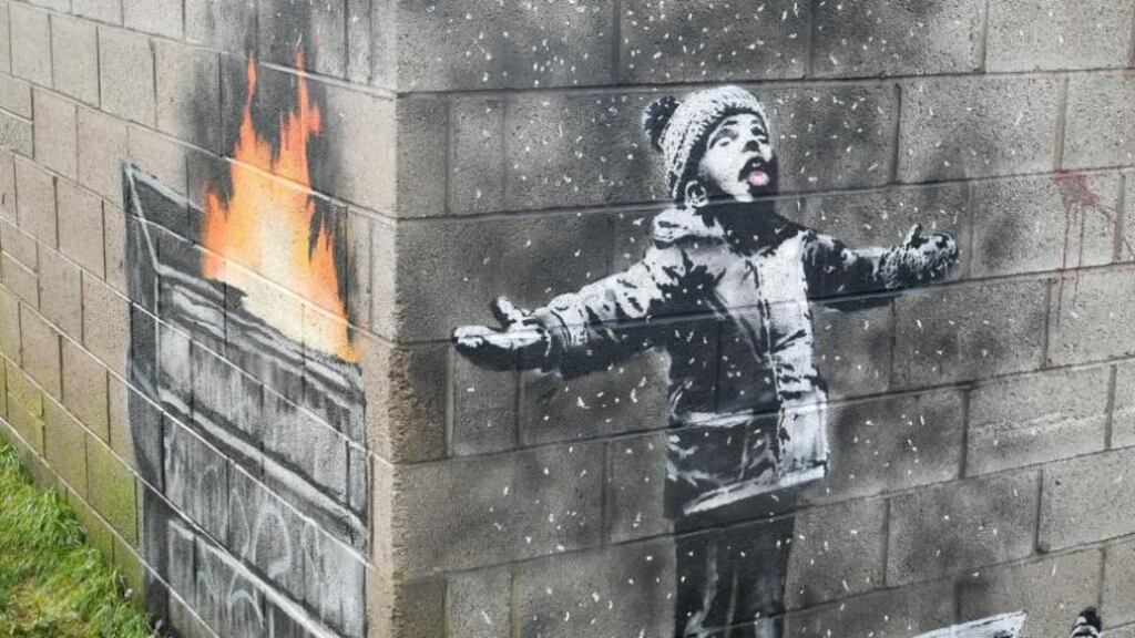 Artwork by Banksy found in Tailbach in Port Talbot, Wales. Photograph: Ben Birchall/PA Wire