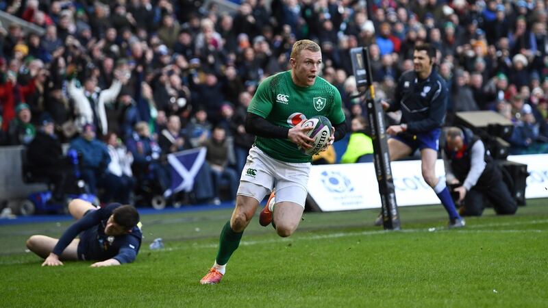 Ireland wing Keith Earls races over to score  Ireland’s third try against Scotland during their Guinness Six Nations match at Murrayfield on Sunday. Photograph: Stu Forster/Getty Images