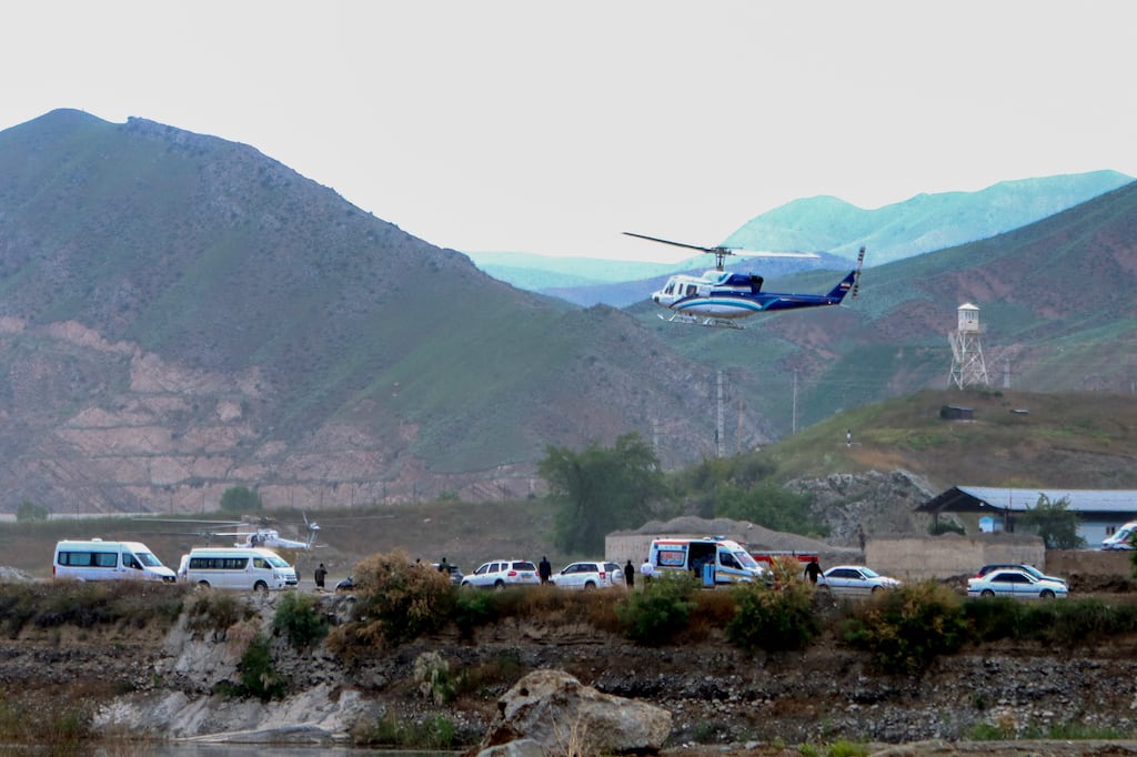 The helicopter carrying Iranian president Ebrahim Raisi taking off at the Iranian border with Azerbaijan after the inauguration of a dam on Sunday. A helicopter in the president's convoy later crashed. Photograph: Ali Hamed Haghdoust/IRNA/AFP via Getty Images