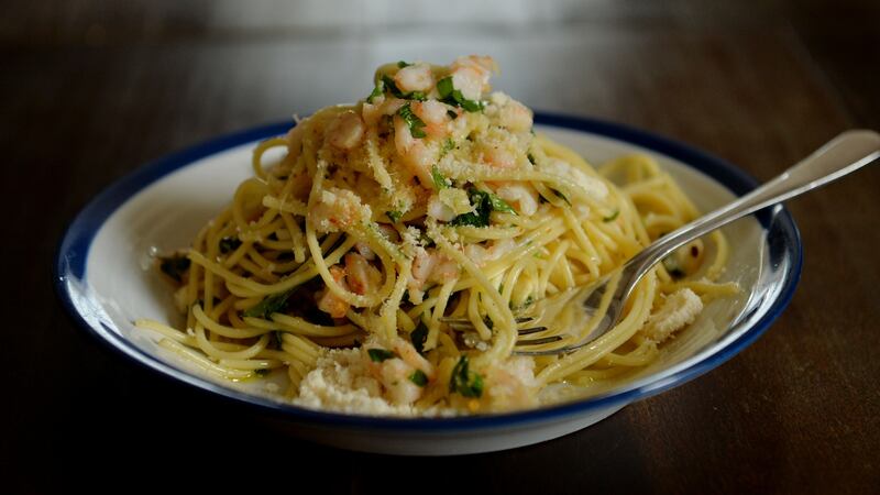 Spaghetti, chopped prawns, roasted garlic and chilli. Photograph: Alan Betson